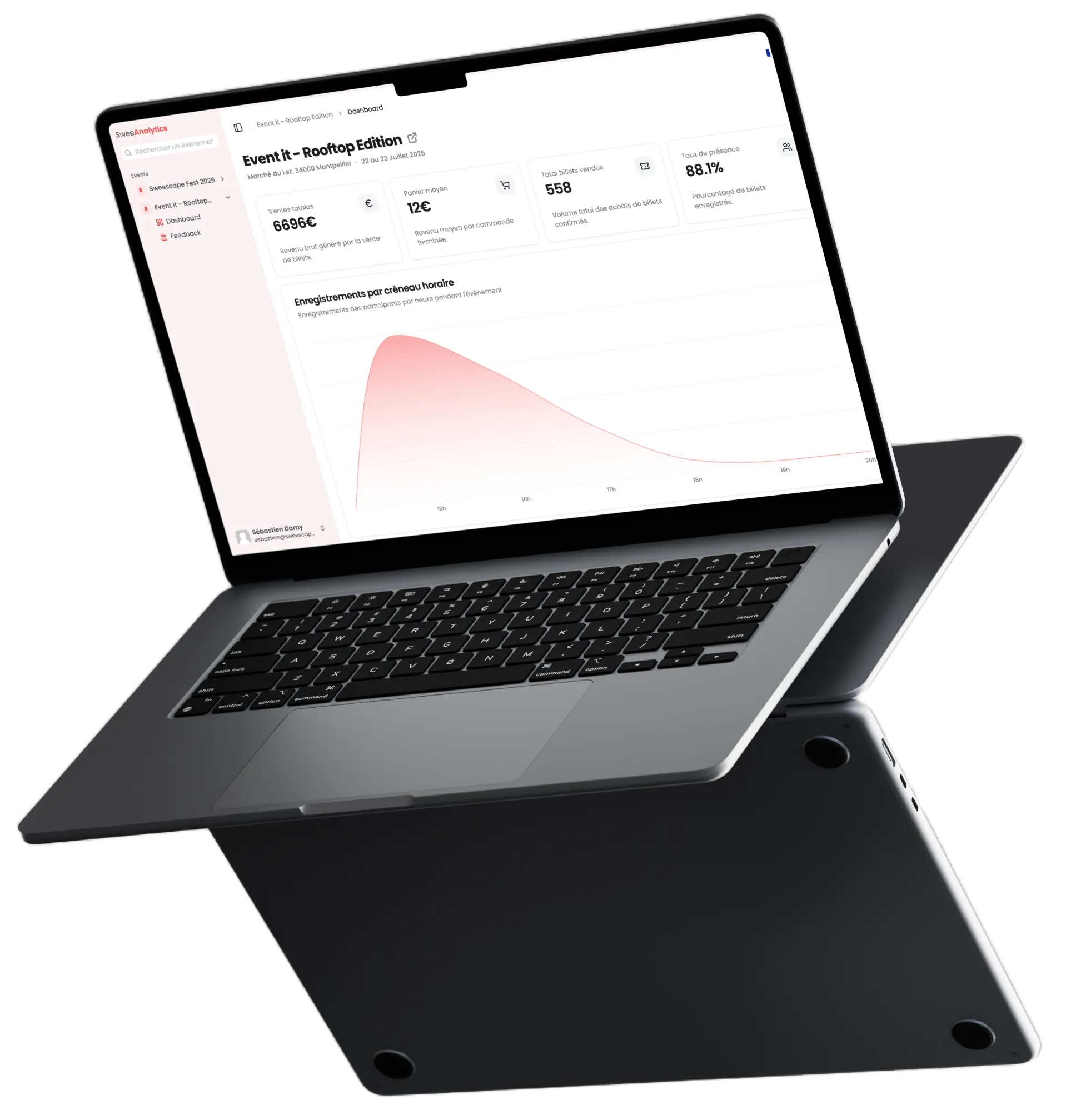 Mockup Macbook Pro 14 pouces avec Interface d'accueil de SweeAnalytics à l'écran